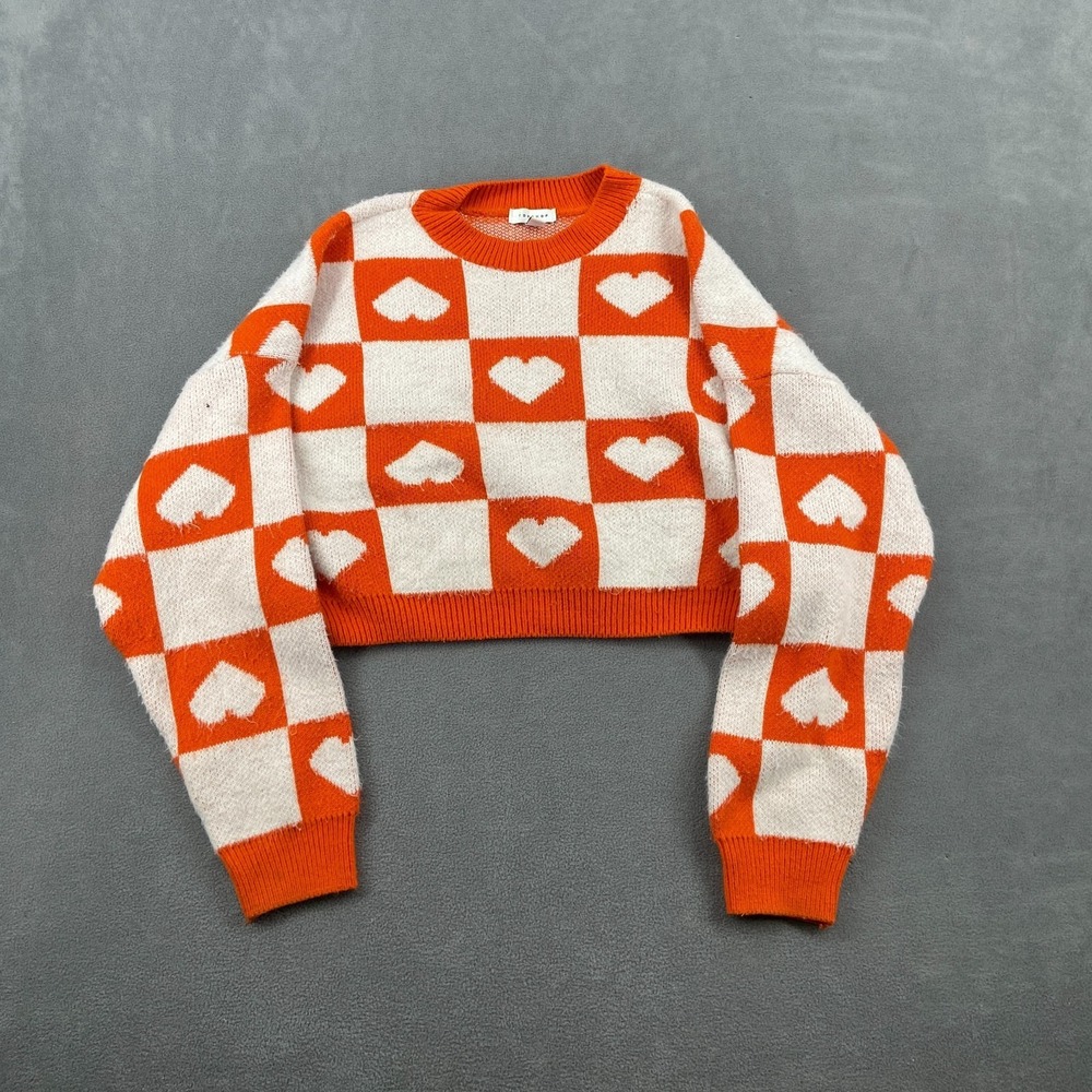 Topshop Cropped Sweater Womens 8-10 White Orange Heart Check Tight Knit Ribbed